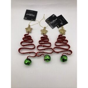 Set Of 3 Hobby Lobby Red Metal Ribbon Christmas Tree Ornaments Glitter Bell